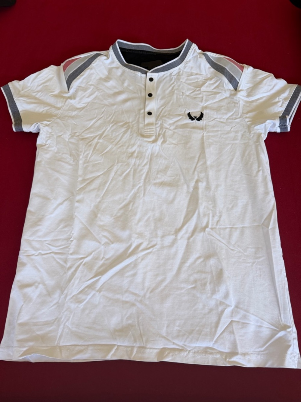 Men's White Henley Polo with Grey Trim and Embroidered Crest